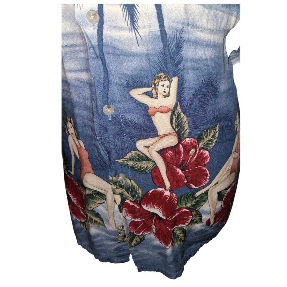 Croft & Barrow Mens Large Hawaiian Shirt Pinup Girl Tropical Floral Palm - Picture 2 of 10